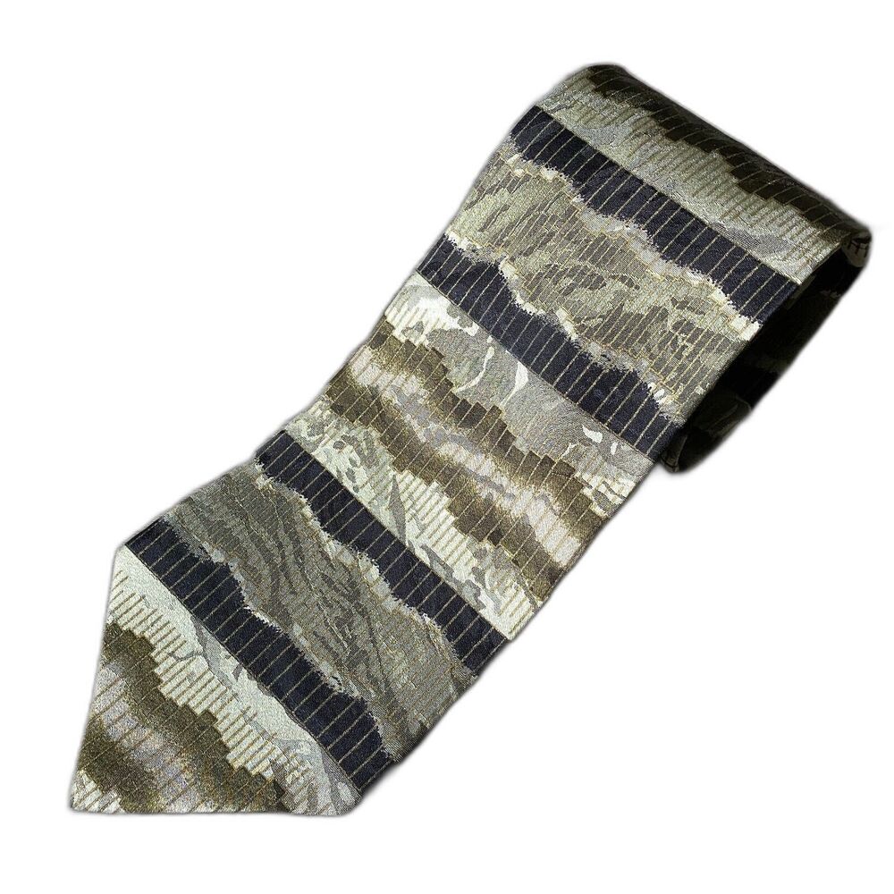 J. Ferrar Men's Necktie Silk Green Olive Artsy Abstract Satin Made in USA 56 x 4